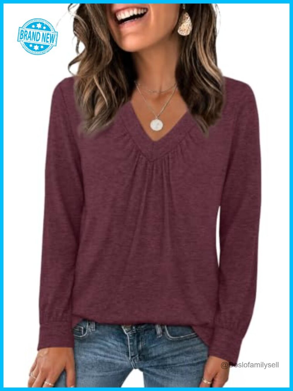 OFEEFAN Ruched V-Neck Long Sleeve Blouse Loose Fit Fall Western Top